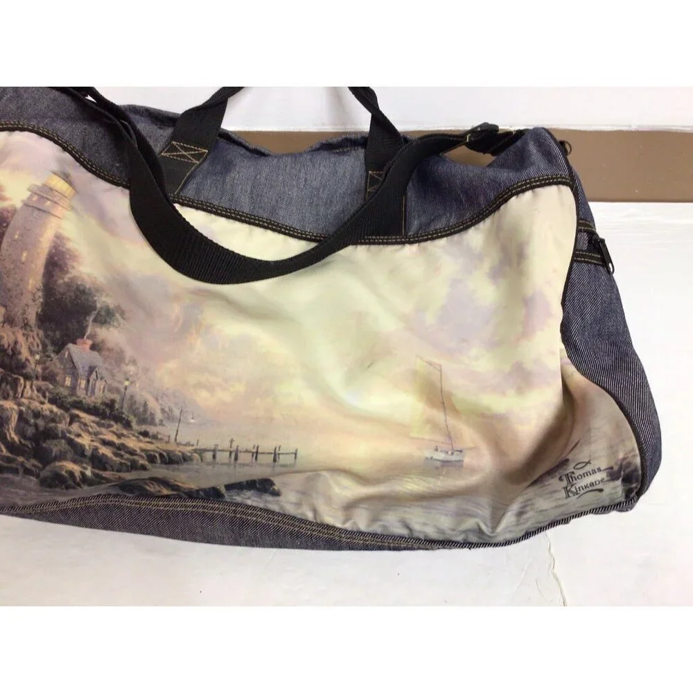Thomas Kinkade Lighthouse Denim Duffel Travel Tote Bag